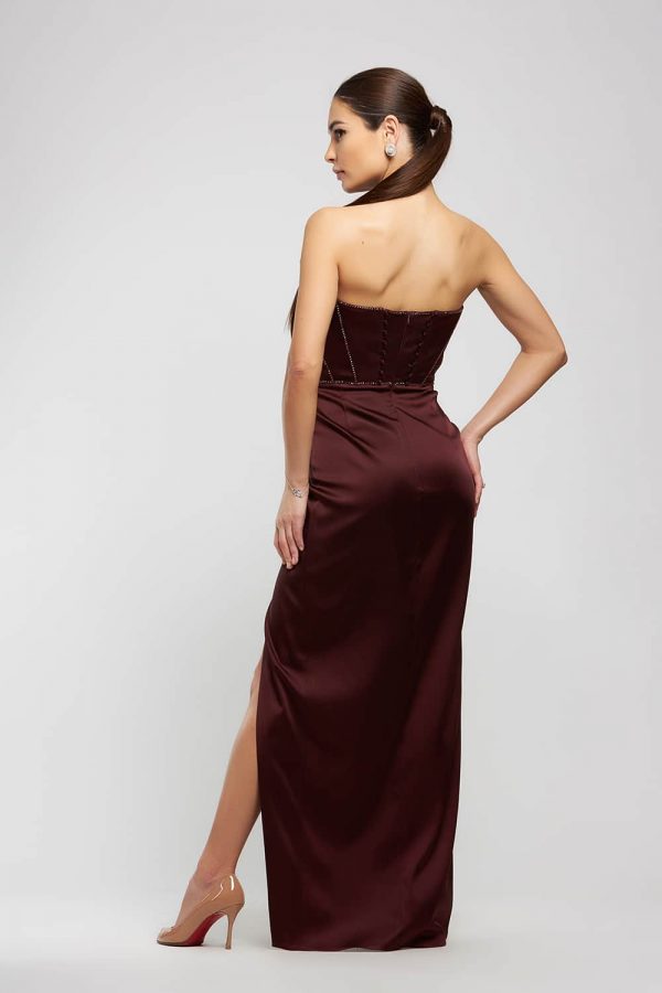 Burgundy Silk Satin Corset Dress Back View